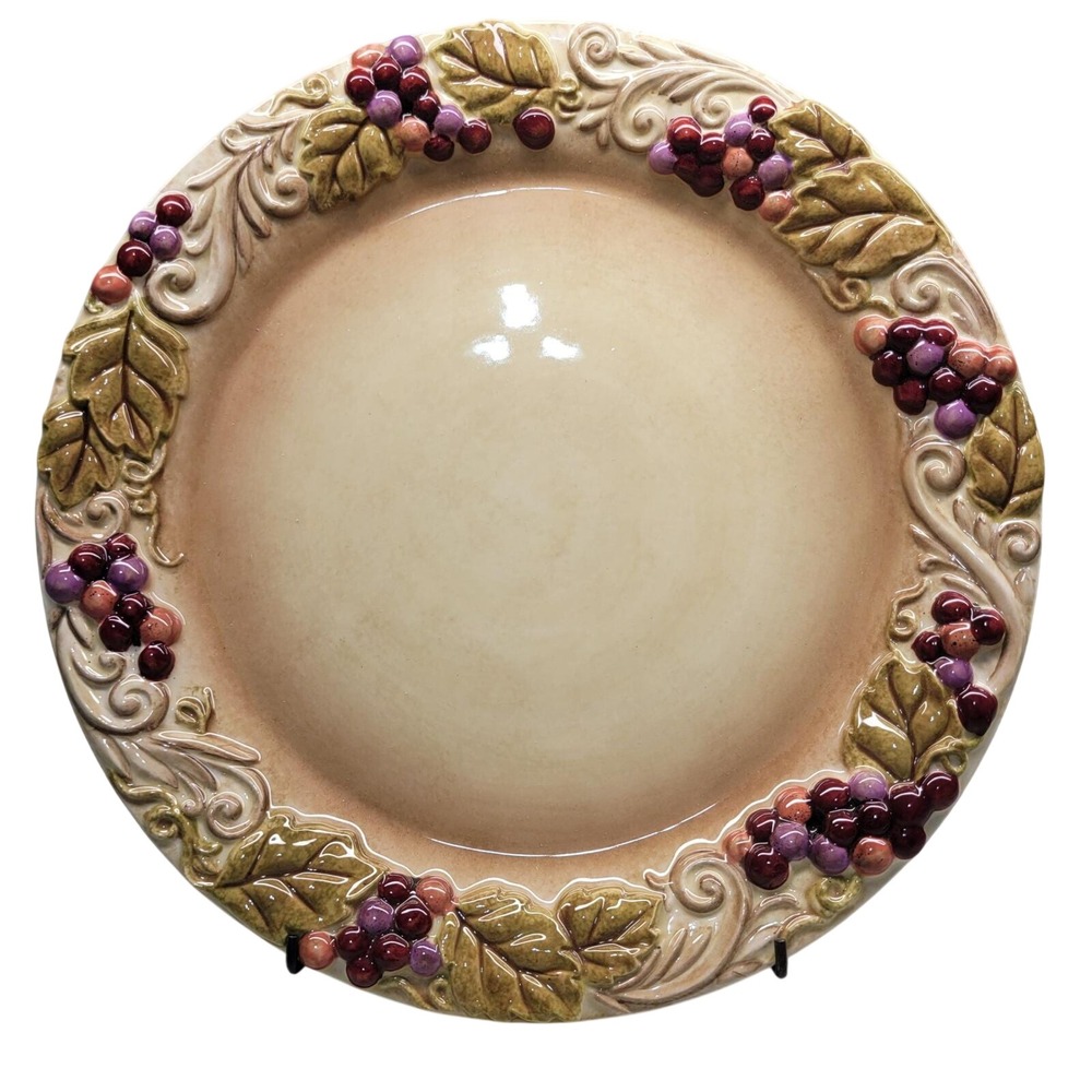 Grasslands Road Vineyard Dinner Plate 11 in Purple Grape Embossed Ceramic Stand‎